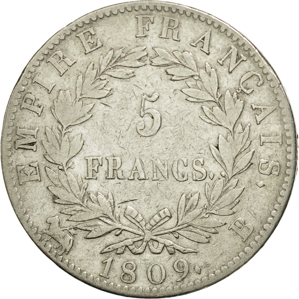Frankreich, Napoléon I, 5 Francs, 1809, Rouen, S+, Silber, KM:694.2