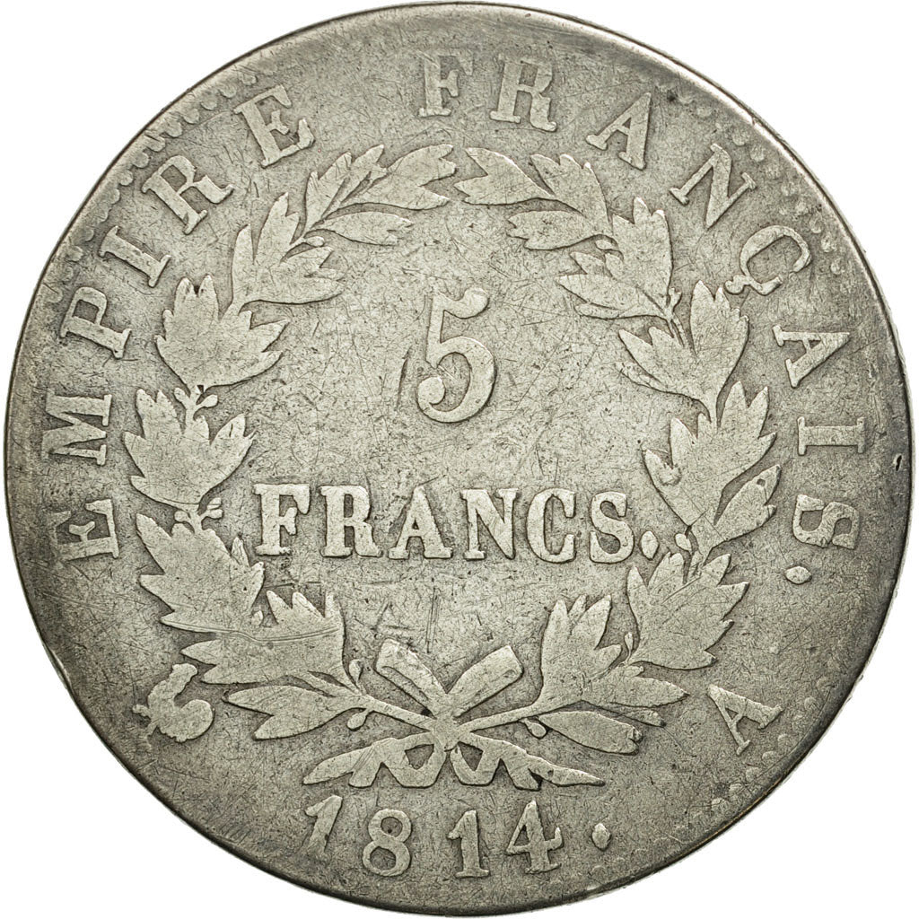 Francia, Napoléon I, 5 Francs, 1814, Paris, BC, Plata, KM:694.1, Gadoury:584