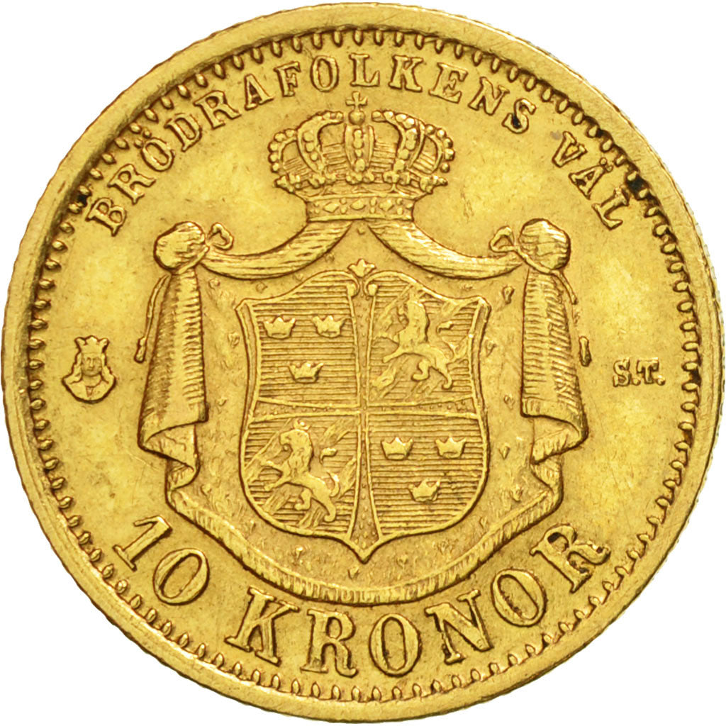 Sweden, Oscar II, 10 Kronor, 1876, AU(50-53), Gold, KM:732