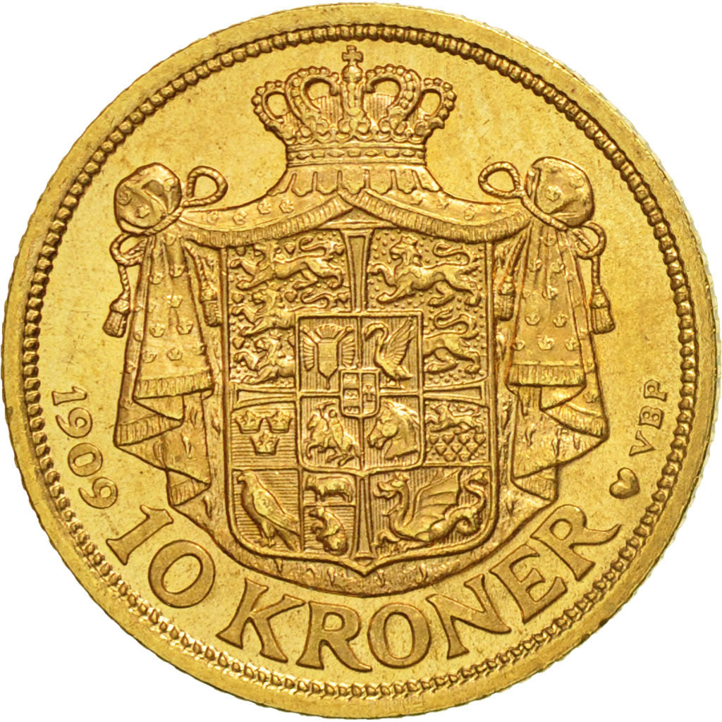 Denmark, Frederik VIII, 10 Kroner, 1909, Copenhagen, MS(63), Gold, KM:809