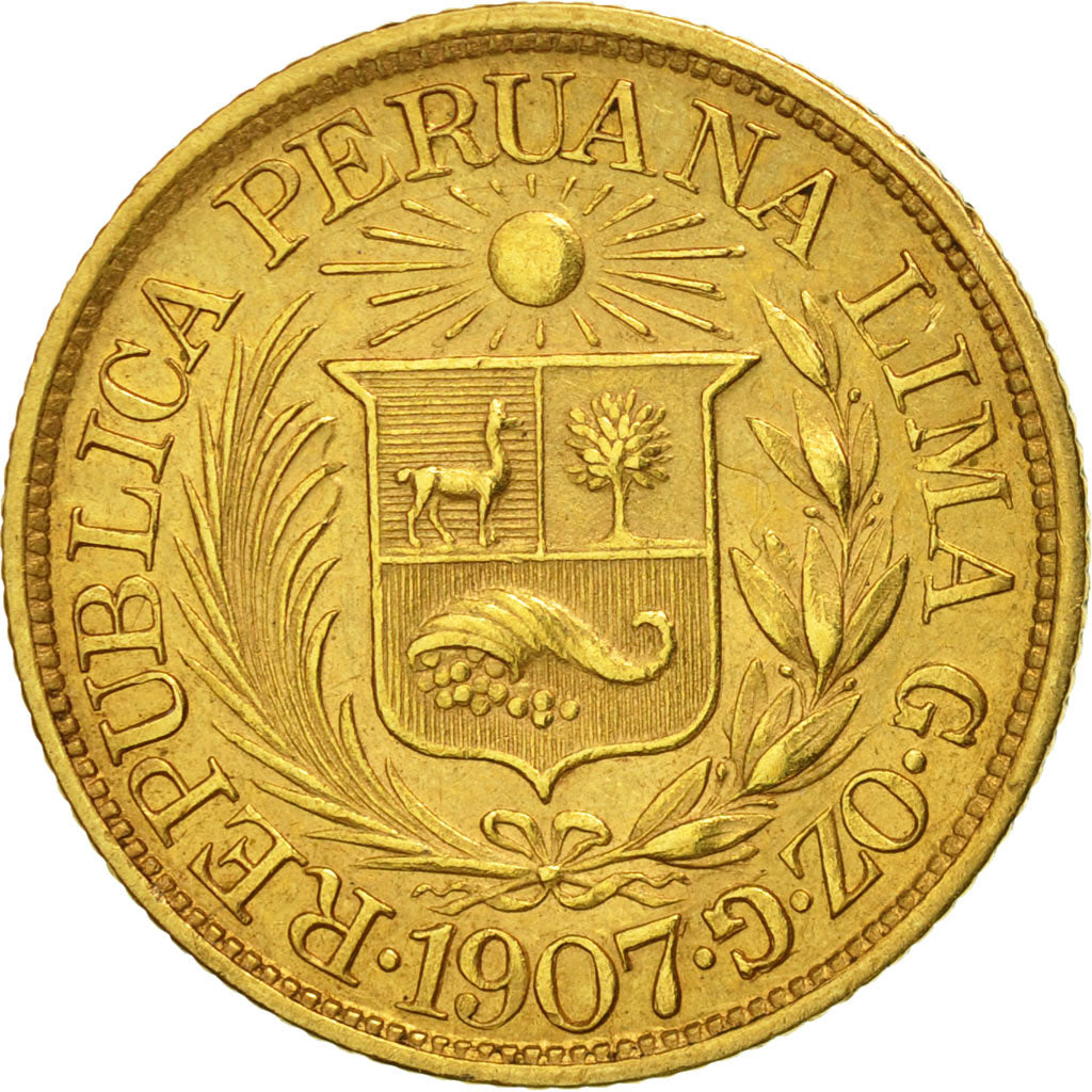 Coin, Peru, 1/2 Libra, Pound, 1907, Lima, AU(55-58), Gold, KM:209