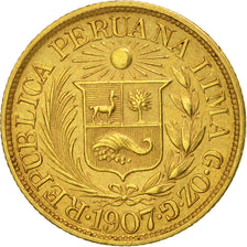 Coin, Peru, 1/2 Libra, Pound, 1907, Lima, AU(55-58), Gold, KM:209