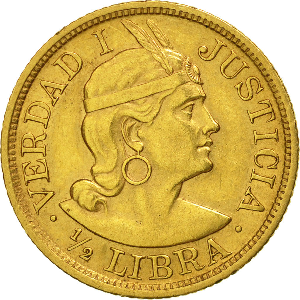 Coin, Peru, 1/2 Libra, Pound, 1907, Lima, AU(55-58), Gold, KM:209