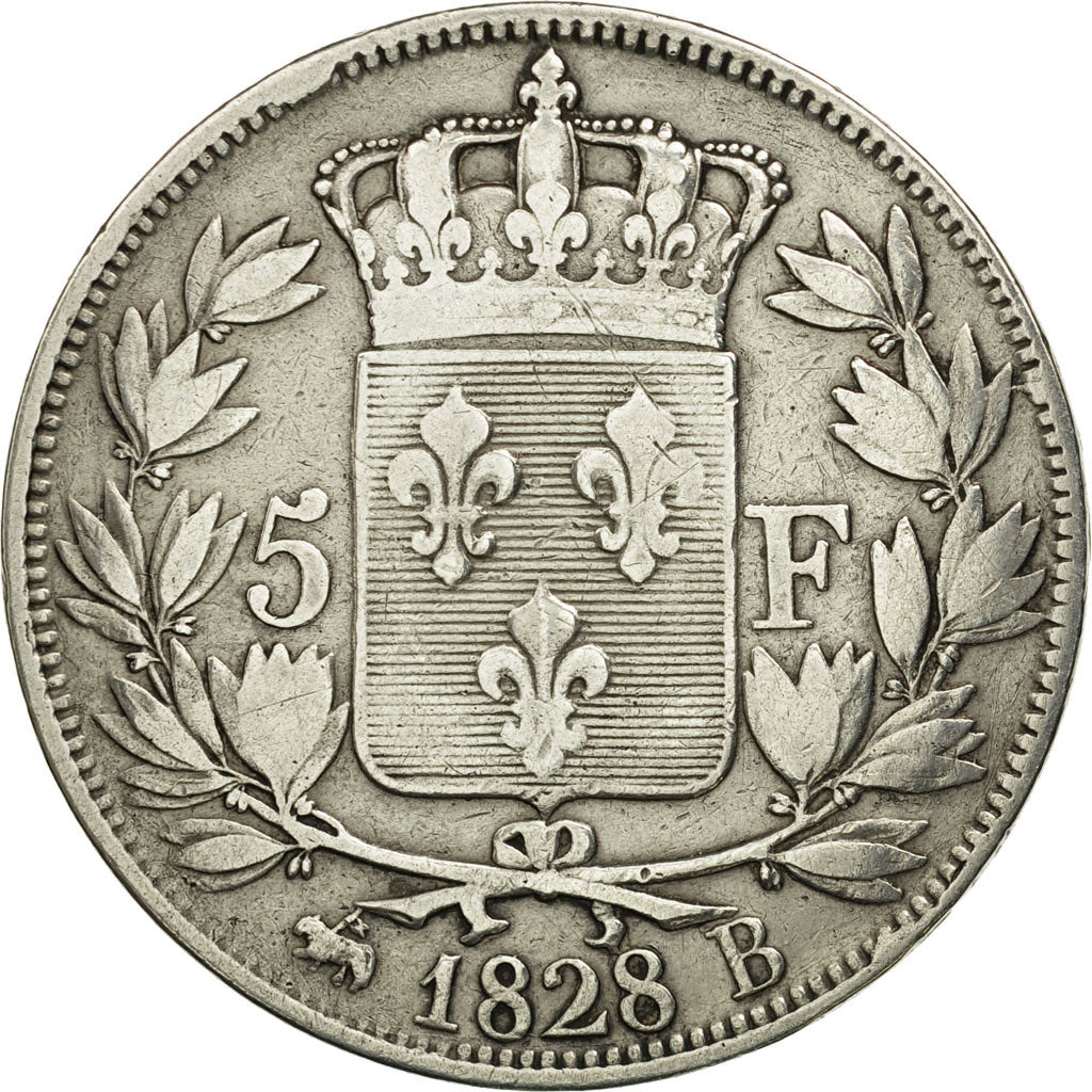 Coin, France, Charles X, 5 Francs, 1828, Rouen, VF(30-35), Silver, KM:728.2