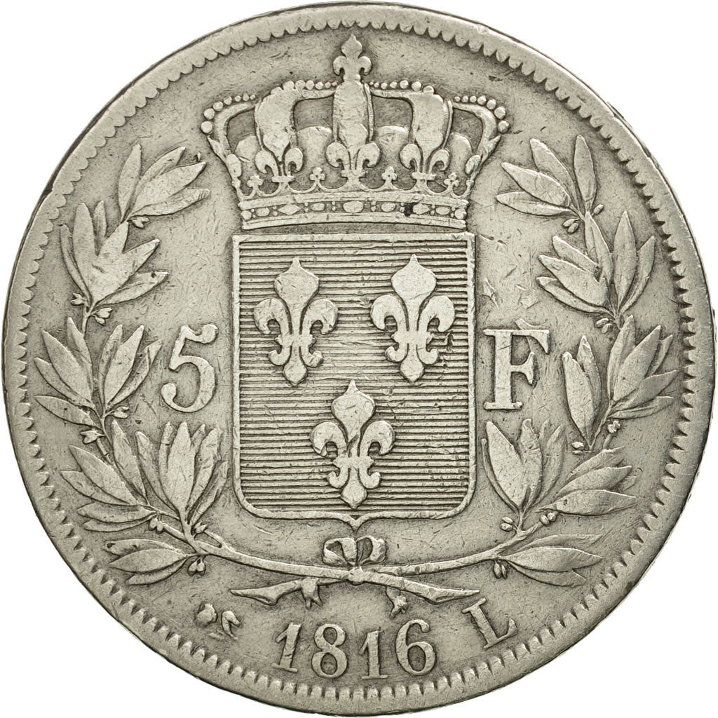 France, Louis XVIII, 5 Francs, 1816, Bayonne, VF(20-25), Silver, KM:711.8