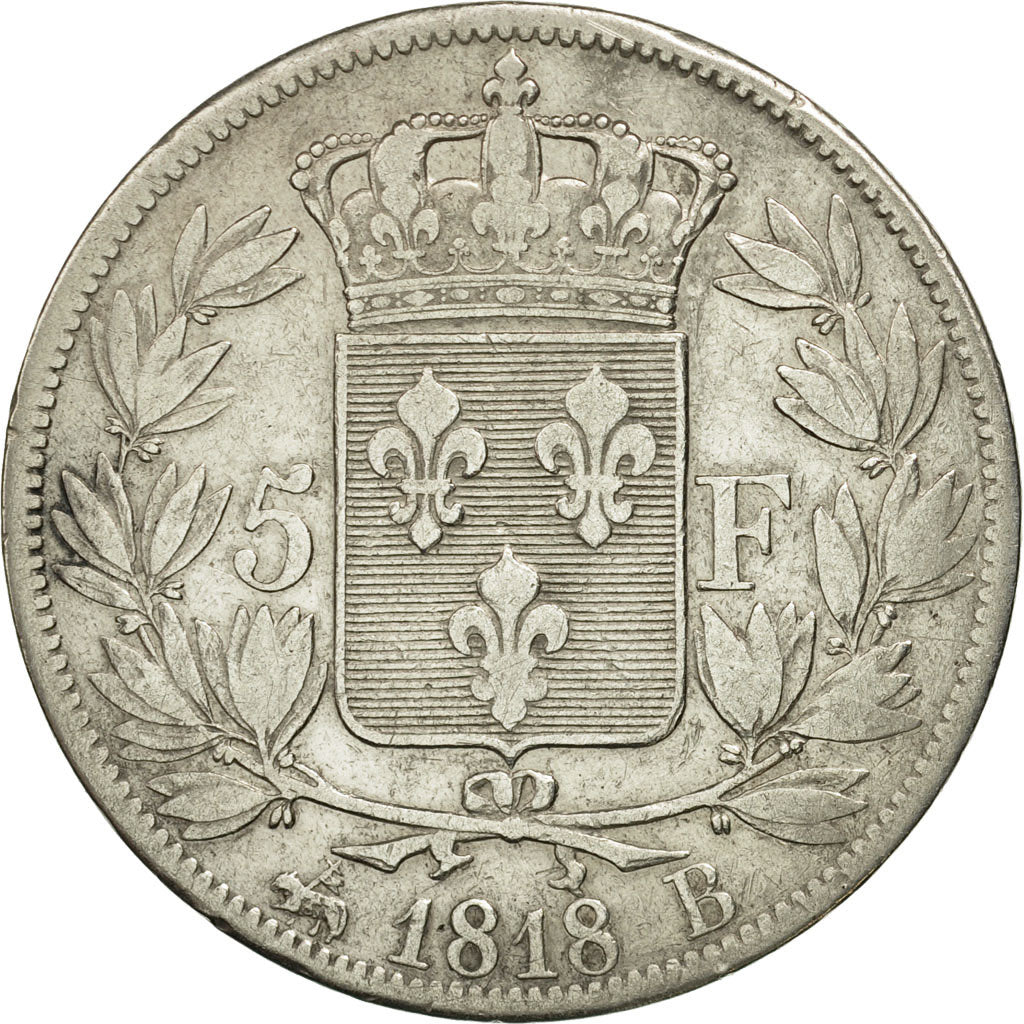 France, Louis XVIII, 5 Francs, 1818, Rouen, VF(30-35), Silver, KM:711.2