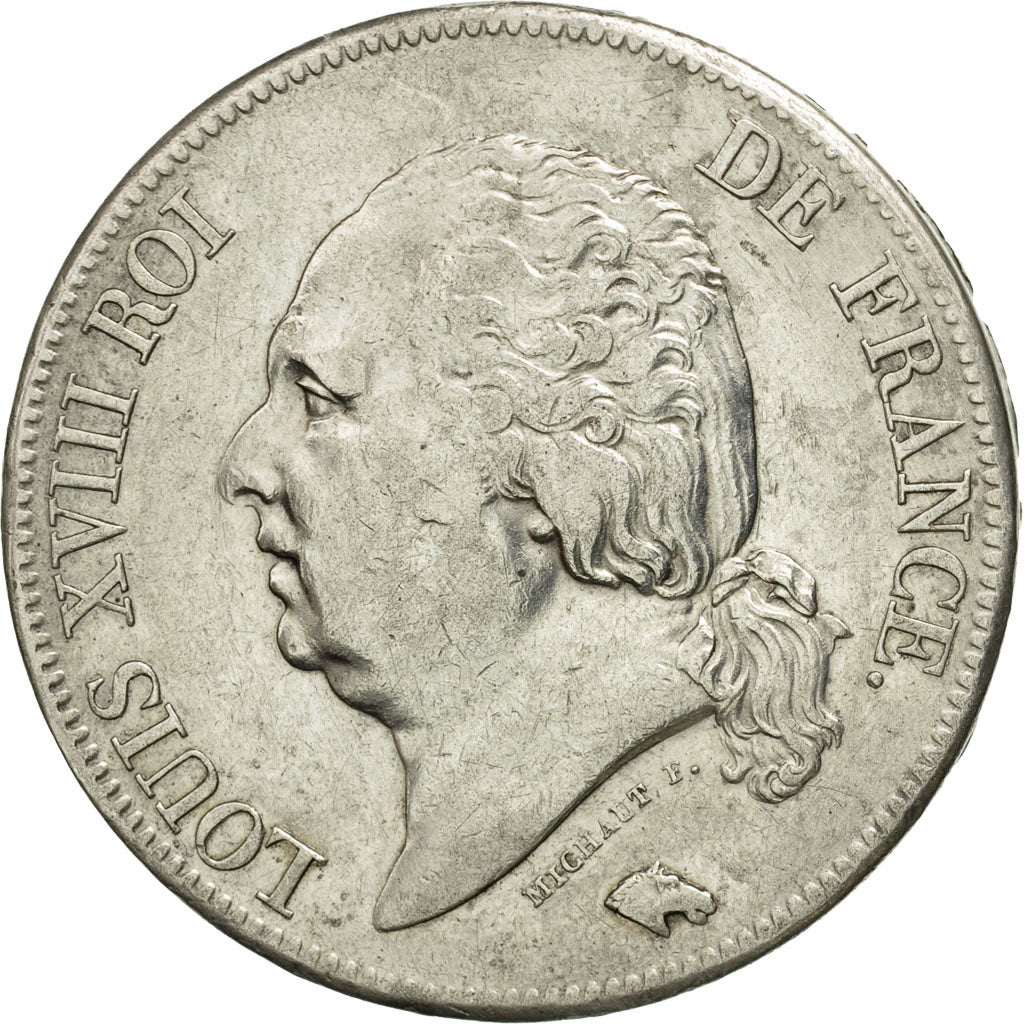 Francia, Louis XVIII, 5 Francs, 1822, Rouen, BC+, Plata, KM:711.2