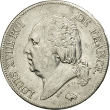Francia, Louis XVIII, 5 Francs, 1822, Rouen, BC+, Plata, KM:711.2