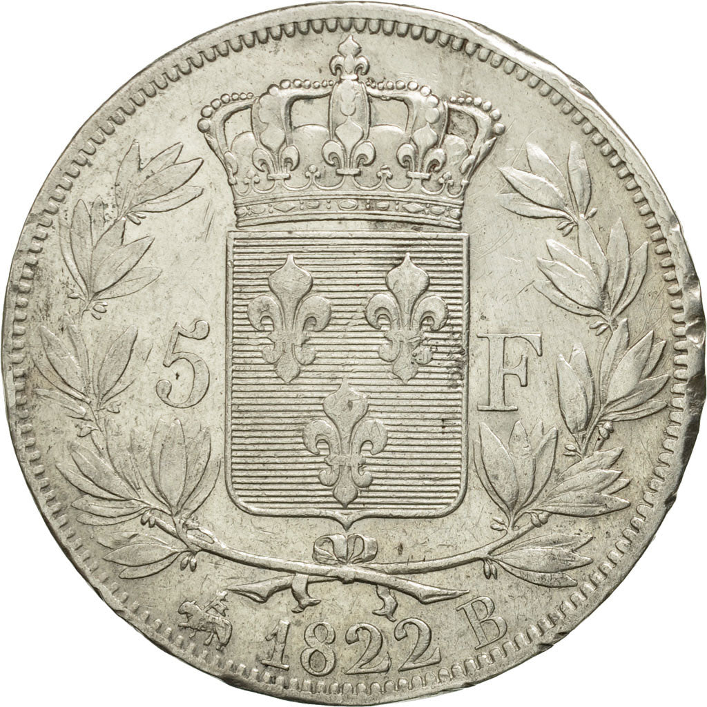 Francia, Louis XVIII, 5 Francs, 1822, Rouen, BC+, Plata, KM:711.2