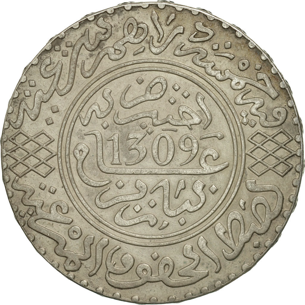 Coin, Morocco, Moulay al-Hasan I, 5 Dirhams, 1891, Paris, AU(50-53), Silver