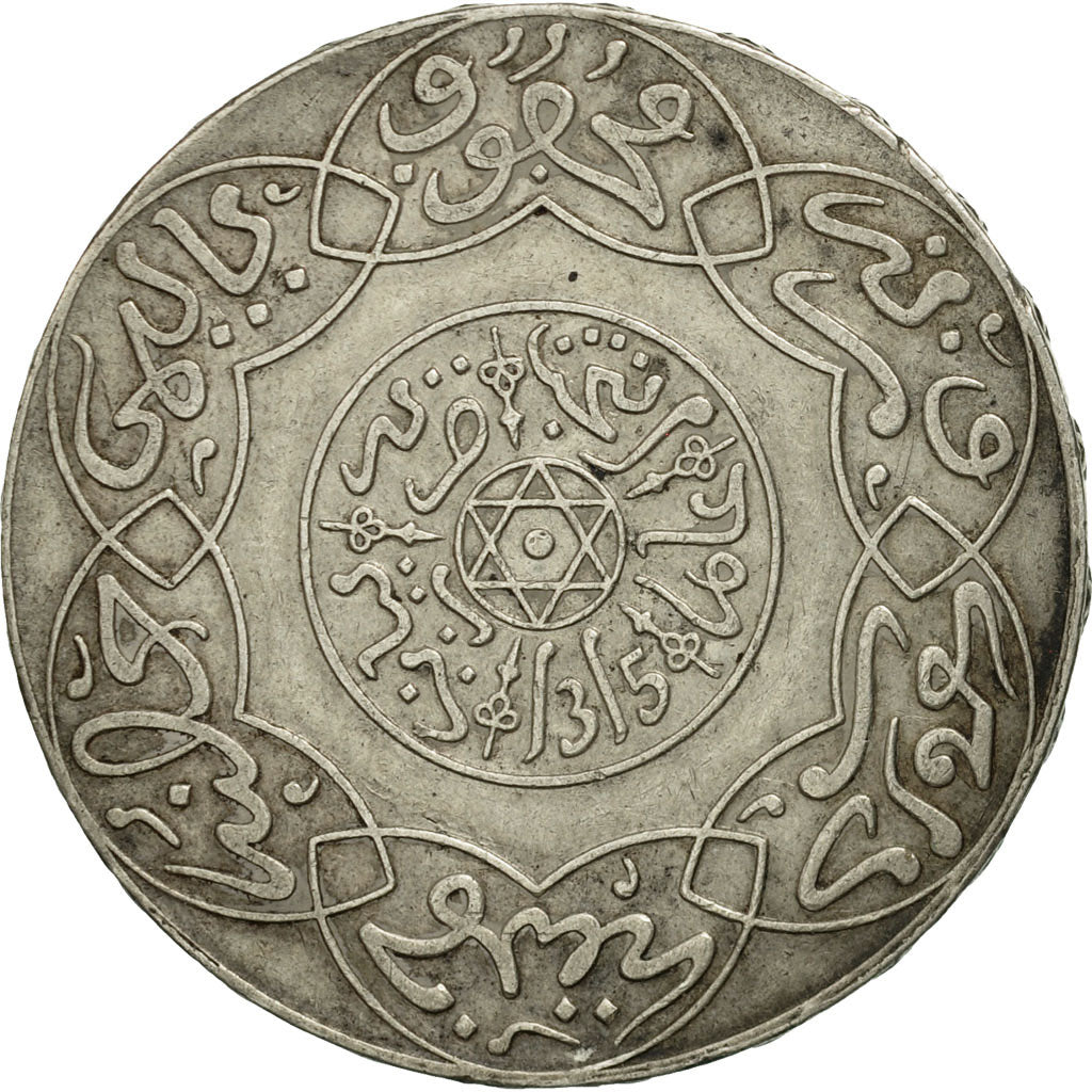 Coin, Morocco, 'Abd al-Aziz, 5 Dirhams, 1897, Paris, EF(40-45), Silver, KM:12.2