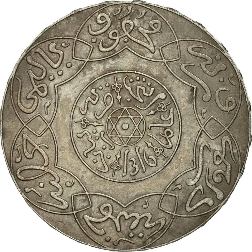 Morocco, 'Abd al-Aziz, 5 Dirhams, 1898, Paris, AU(50-53), Silver, KM:12.2