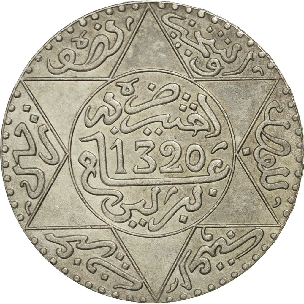 Morocco, 'Abd al-Aziz, 1/2 Rial, 5 Dirhams, 1902, Berlin, AU(50-53), Silver
