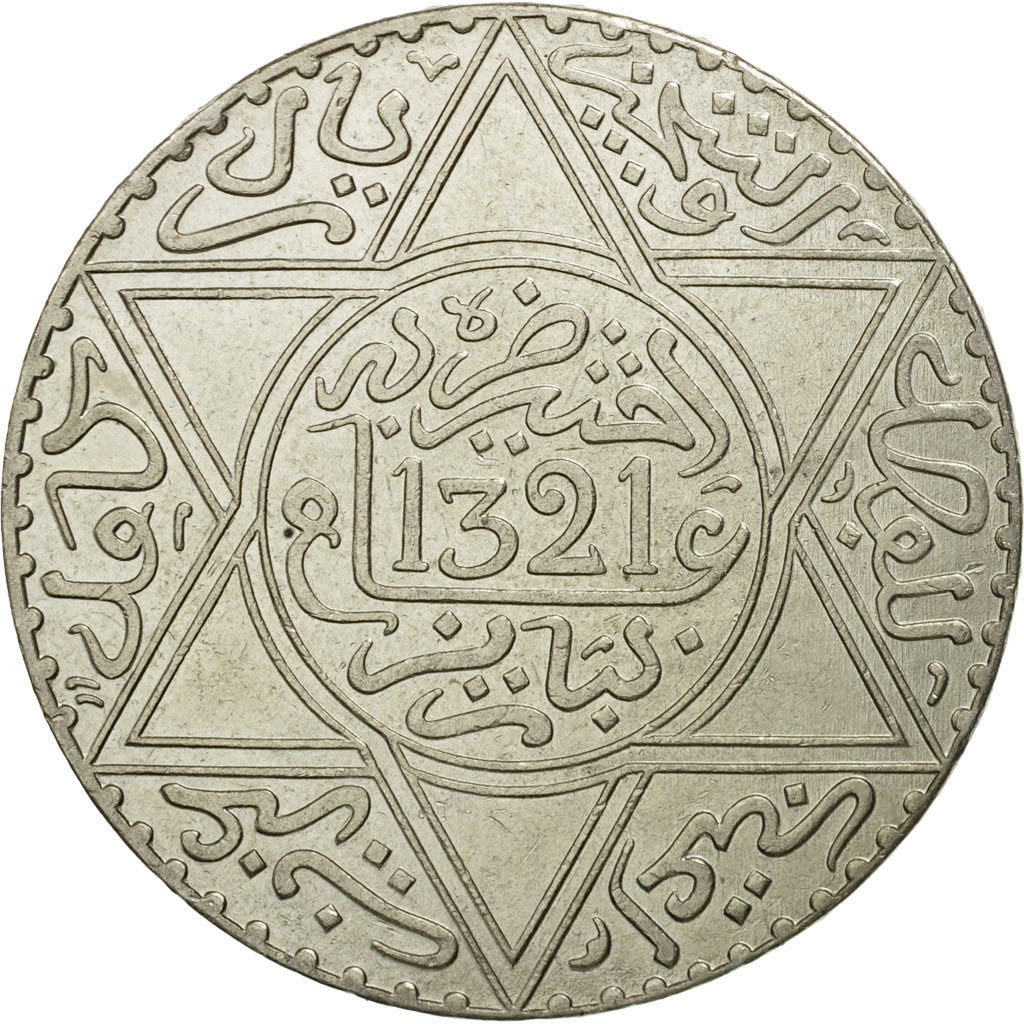 Morocco, 'Abd al-Aziz, Rial, 10 Dirhams, 1903, Paris, EF(40-45), Silver