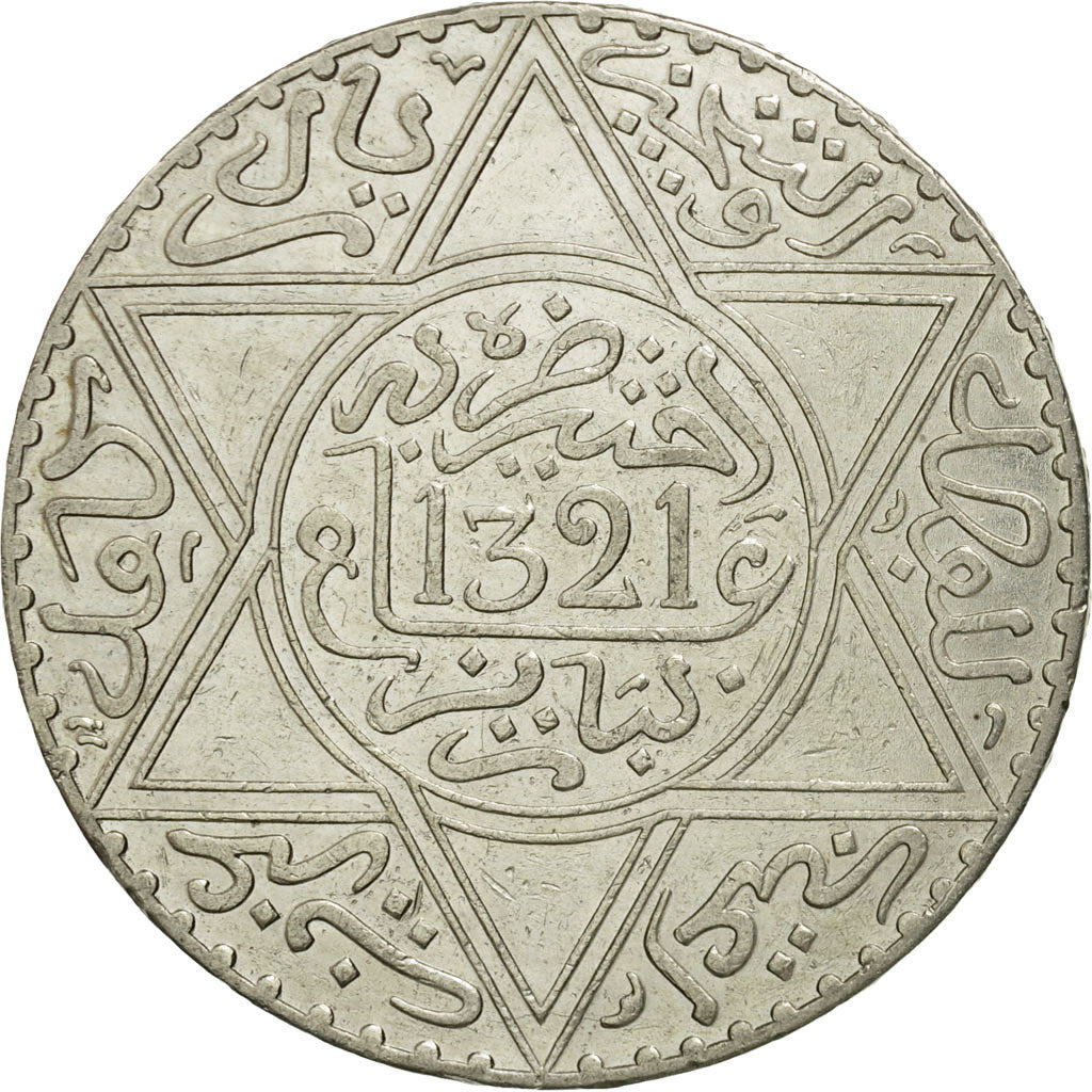Marruecos, 'Abd al-Aziz, Rial, 10 Dirhams, 1903, Paris, MBC, Plata, KM:22.2