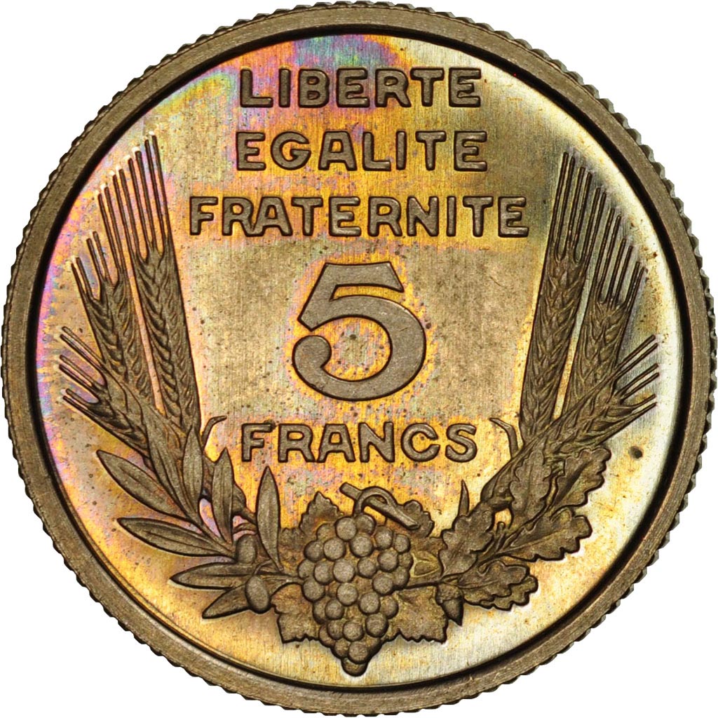 France, Bazor, 5 Francs, 1933, Paris, Pattern, MS(64), Nickel, KM:E-A65