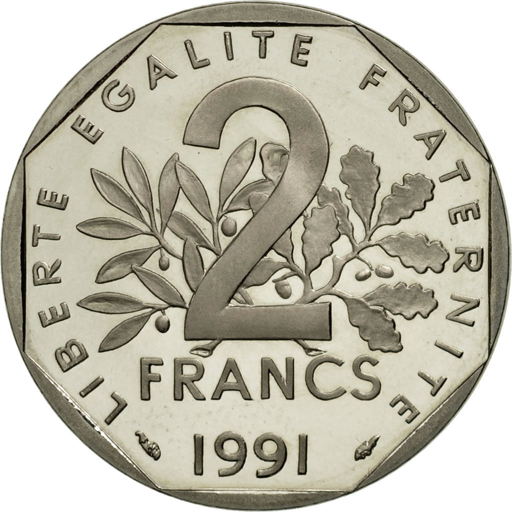 France, Semeuse, 2 Francs, 1991, Proof, MS(63), Nickel, KM:942.2, Gadoury:547b