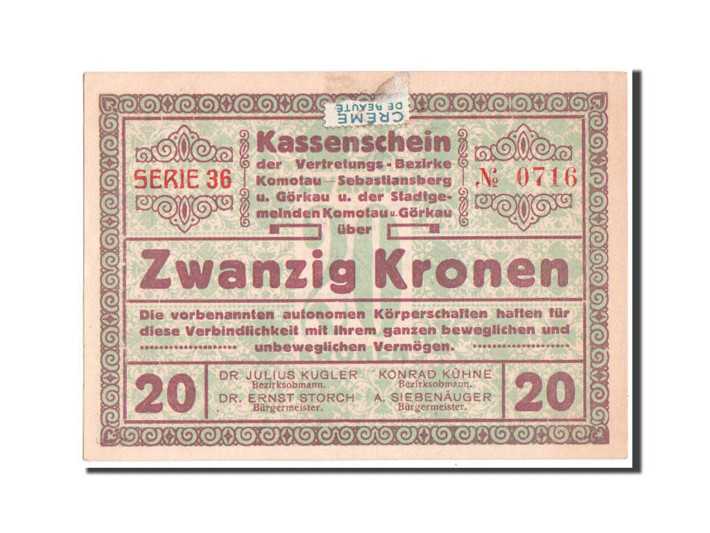 Czechoslovakia, Komotau, Gorkau, 20 Kronen, 15.11.1918, Pick UNL