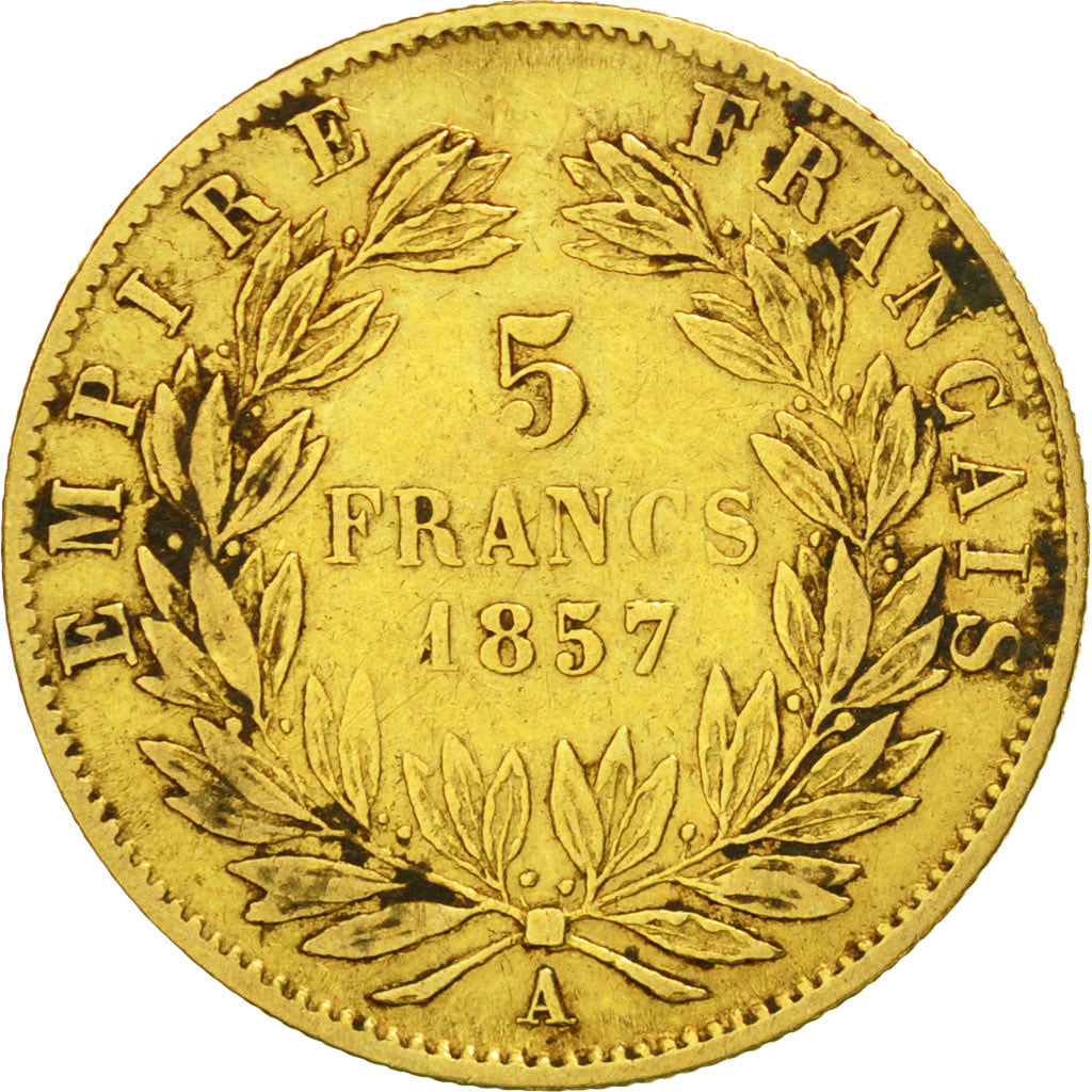 Francia, Napoleon III, 5 Francs, 1857, Paris, MB, Oro, KM:787.1