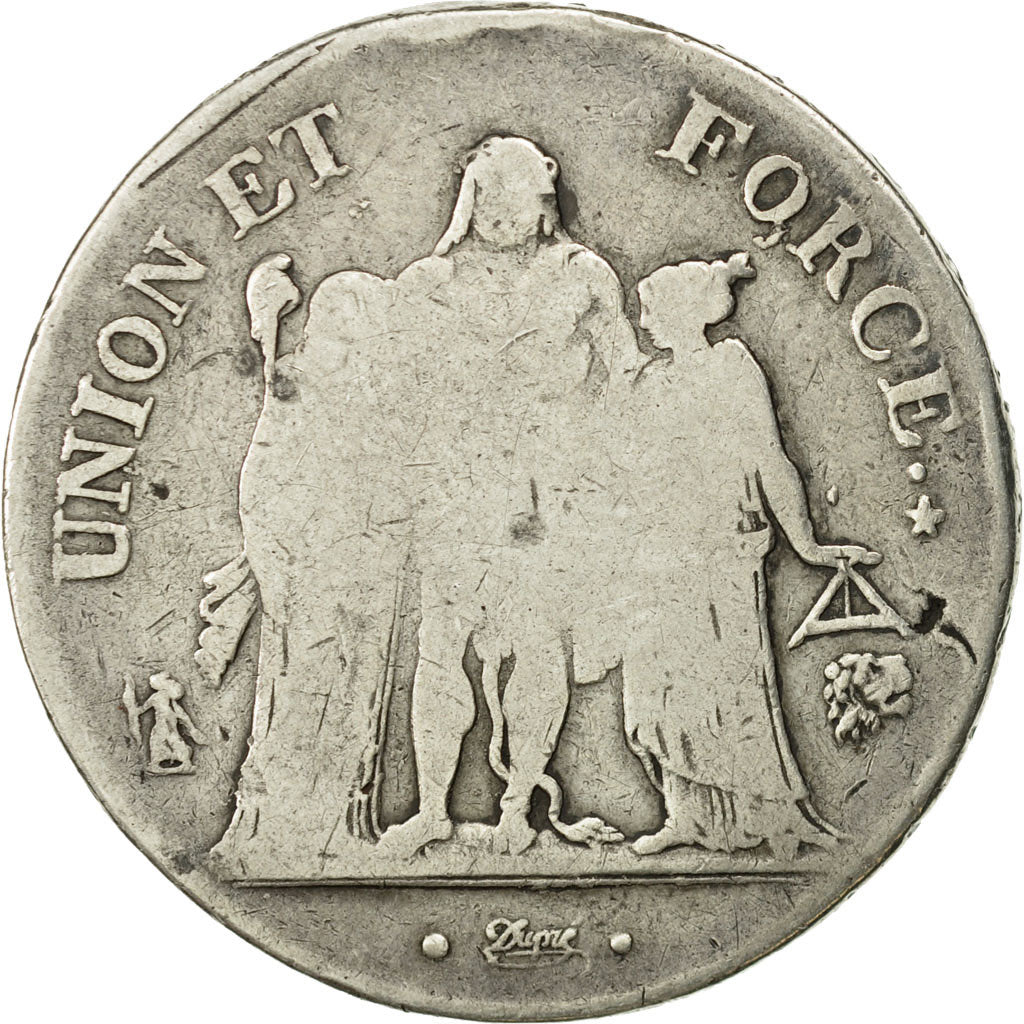 France, Union et Force, 5 Francs, AN 9, Bayonne, VF(20-25), Silver, KM:639.6