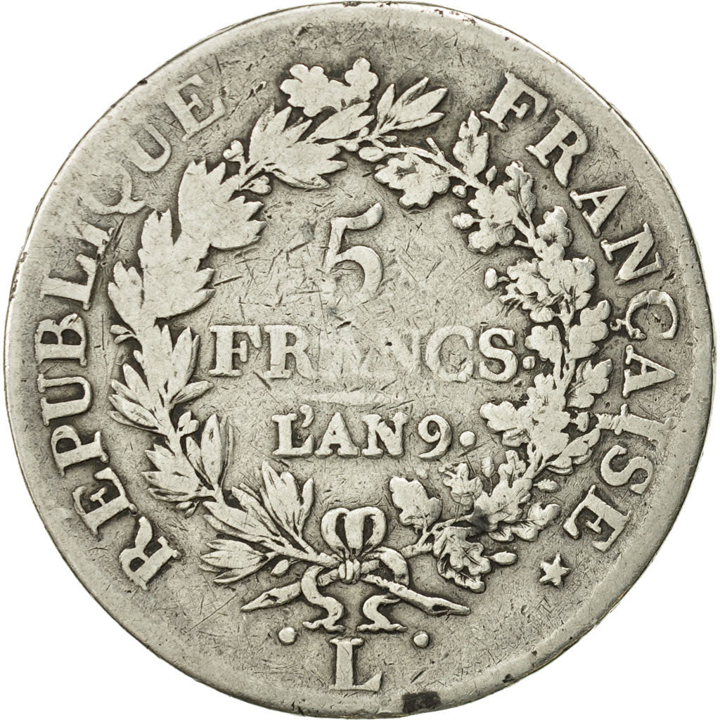 France, Union et Force, 5 Francs, AN 9, Bayonne, VF(20-25), Silver, KM:639.6