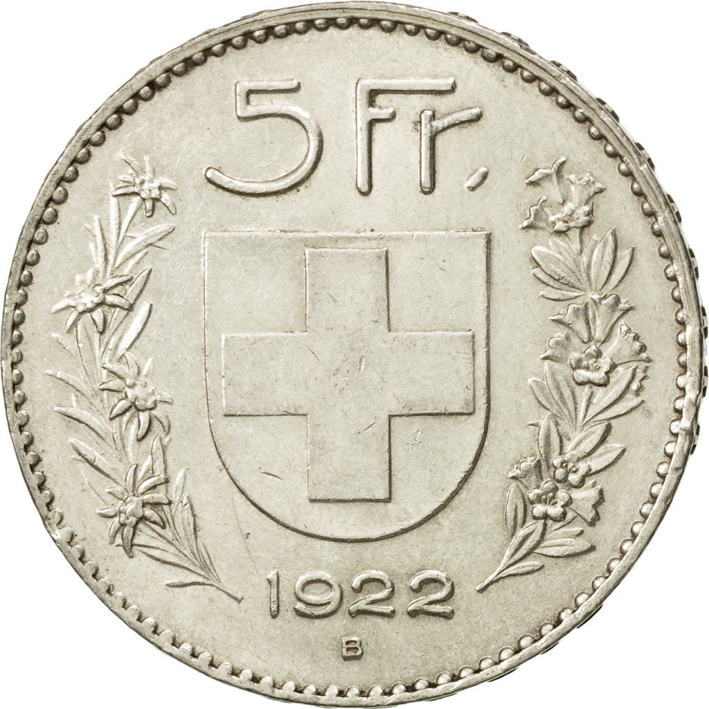Switzerland, 5 Francs, 1922, Bern, AU(55-58), Silver, KM:37