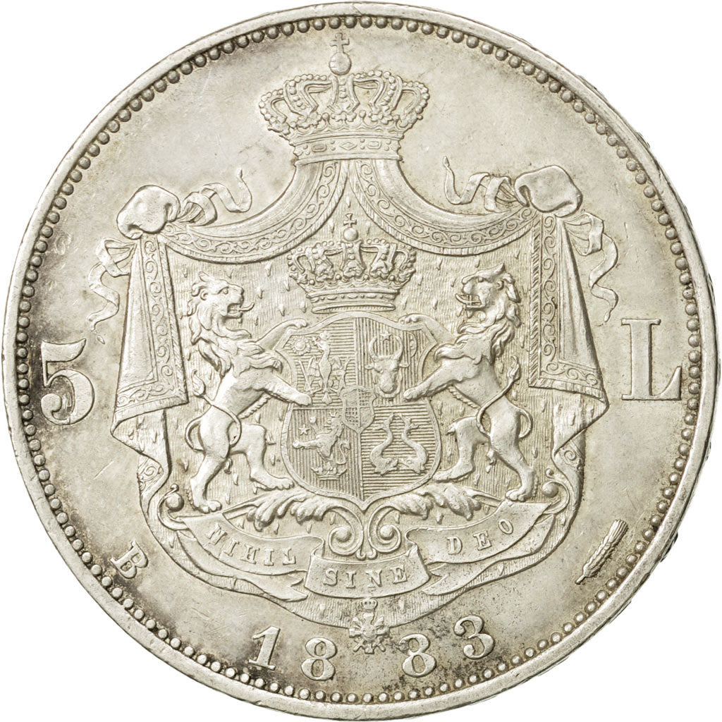 Romania, Carol I, 5 Lei, 1883, AU(55-58), Silver, KM:17.1