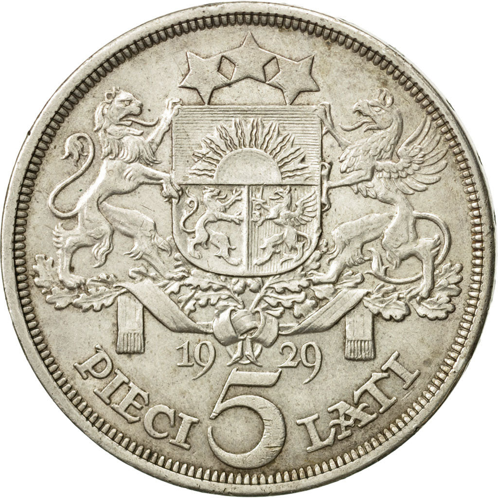 Letonia, 5 Lati, 1929, EBC, Plata, KM:9