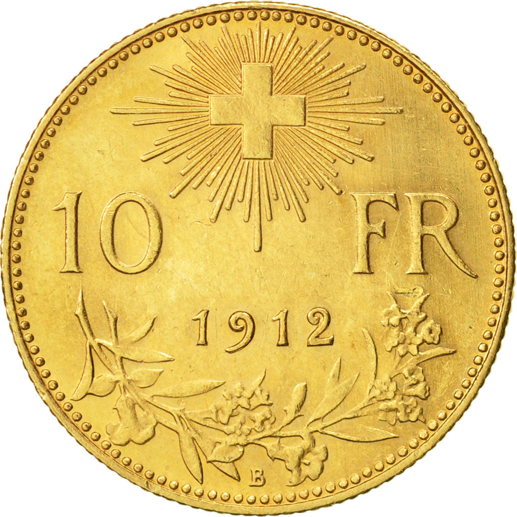 Switzerland, 10 Francs, 1912, Bern, MS(60-62), Gold, KM:36