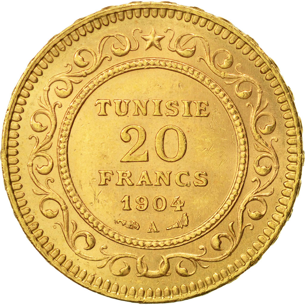 Coin, Tunisia, Muhammad al-Hadi Bey, 20 Francs, 1904, Paris, MS(60-62), Gold