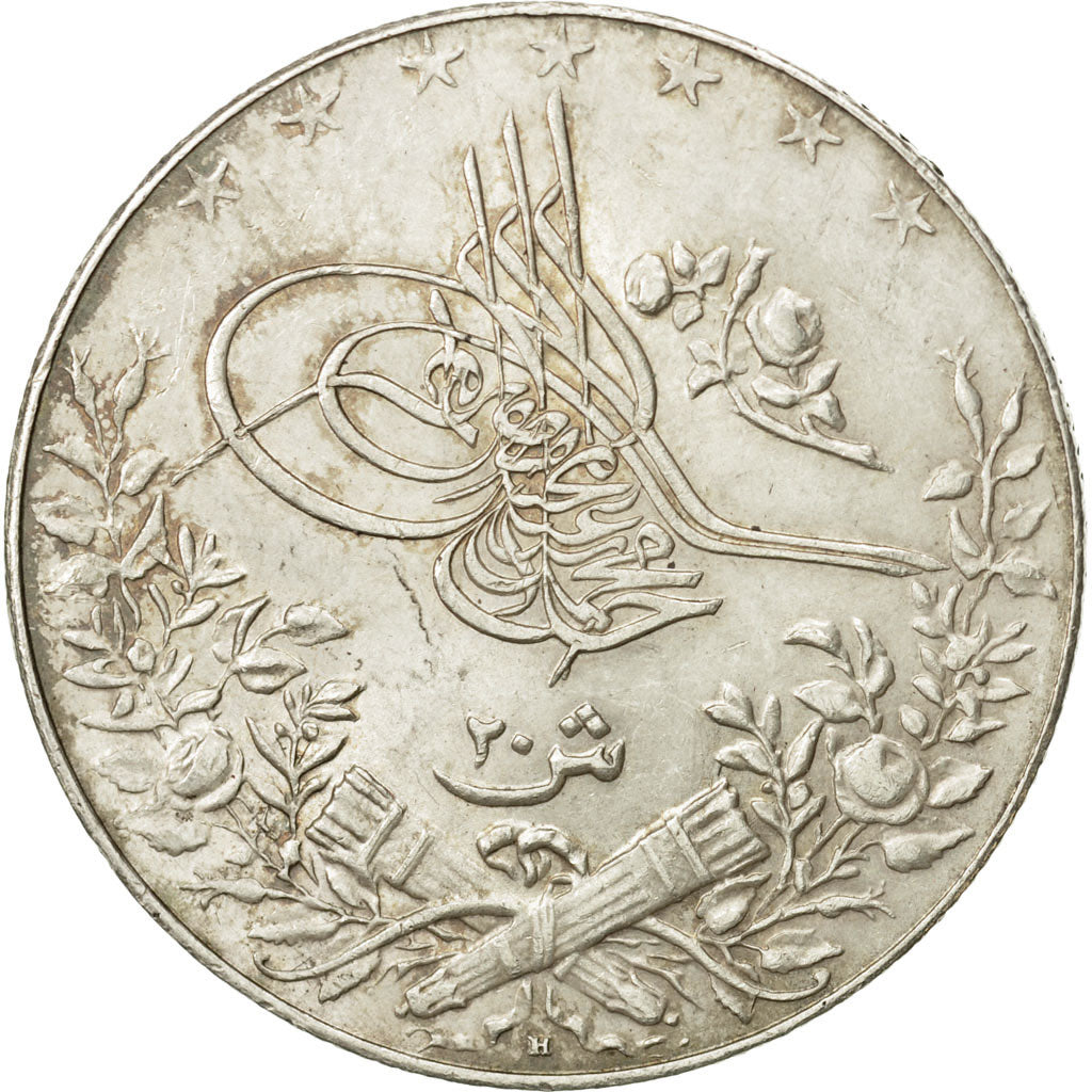 Egypt, Muhammad V, 20 Qirsh, 1913, Misr, MS(60-62), Silver, KM:310