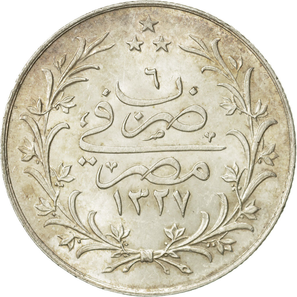 Coin, Egypt, Muhammad V, 10 Qirsh, 1913, Heaton, MS(63), Silver, KM:309