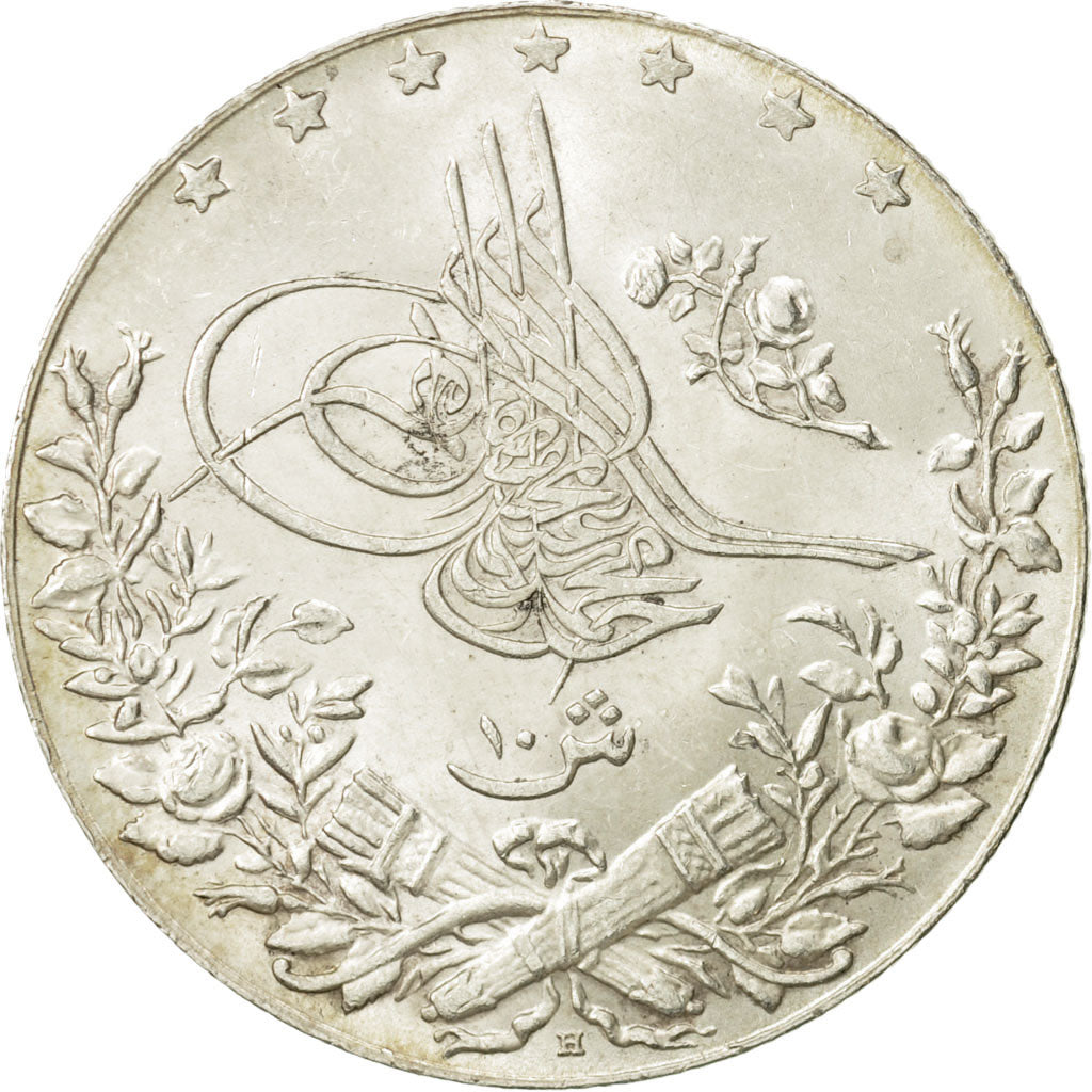 Coin, Egypt, Muhammad V, 10 Qirsh, 1913, Heaton, MS(63), Silver, KM:309