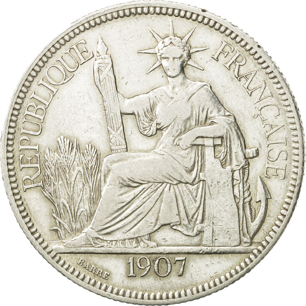 FRENCH INDO-CHINA, Piastre, 1907, Paris, EF(40-45), Silver, KM:5a.1