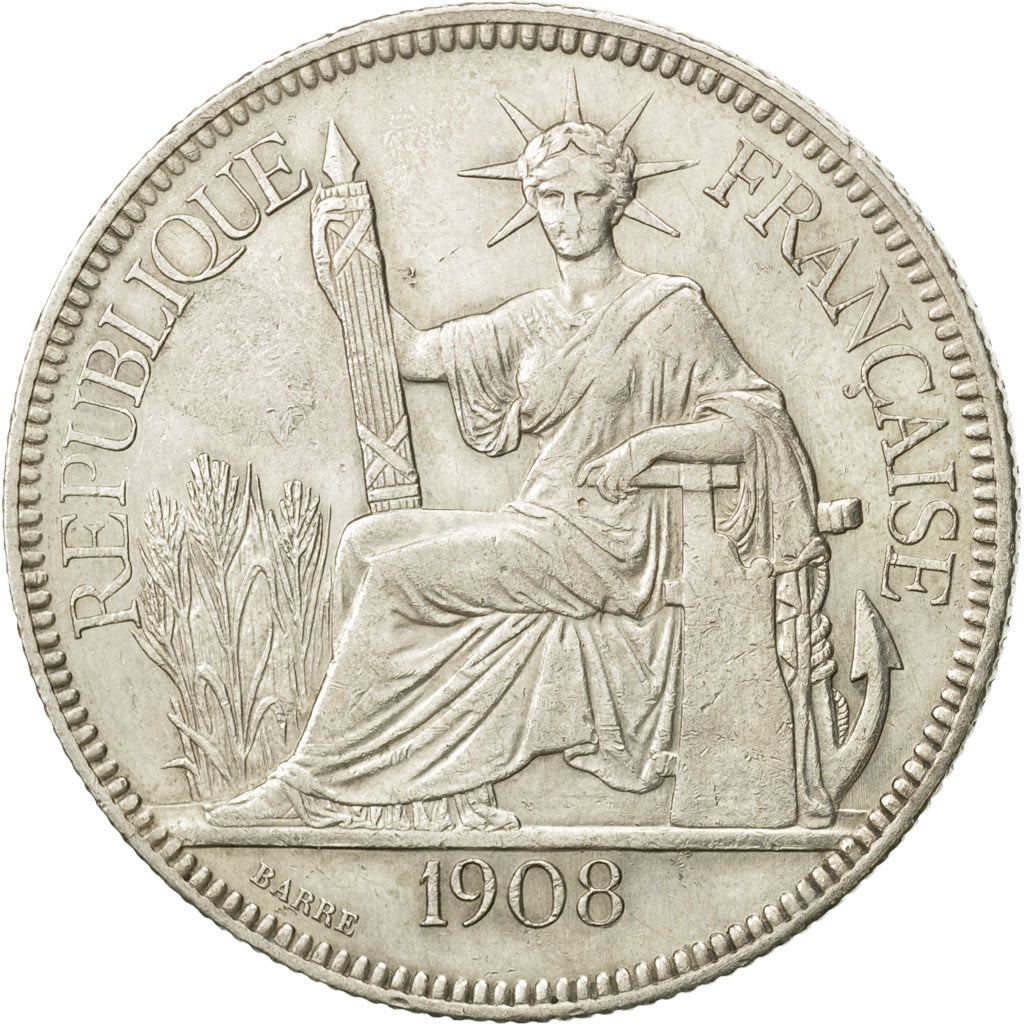 FRENCH INDO-CHINA, Piastre, 1908, Paris, EF(40-45), Silver, KM:5a.1