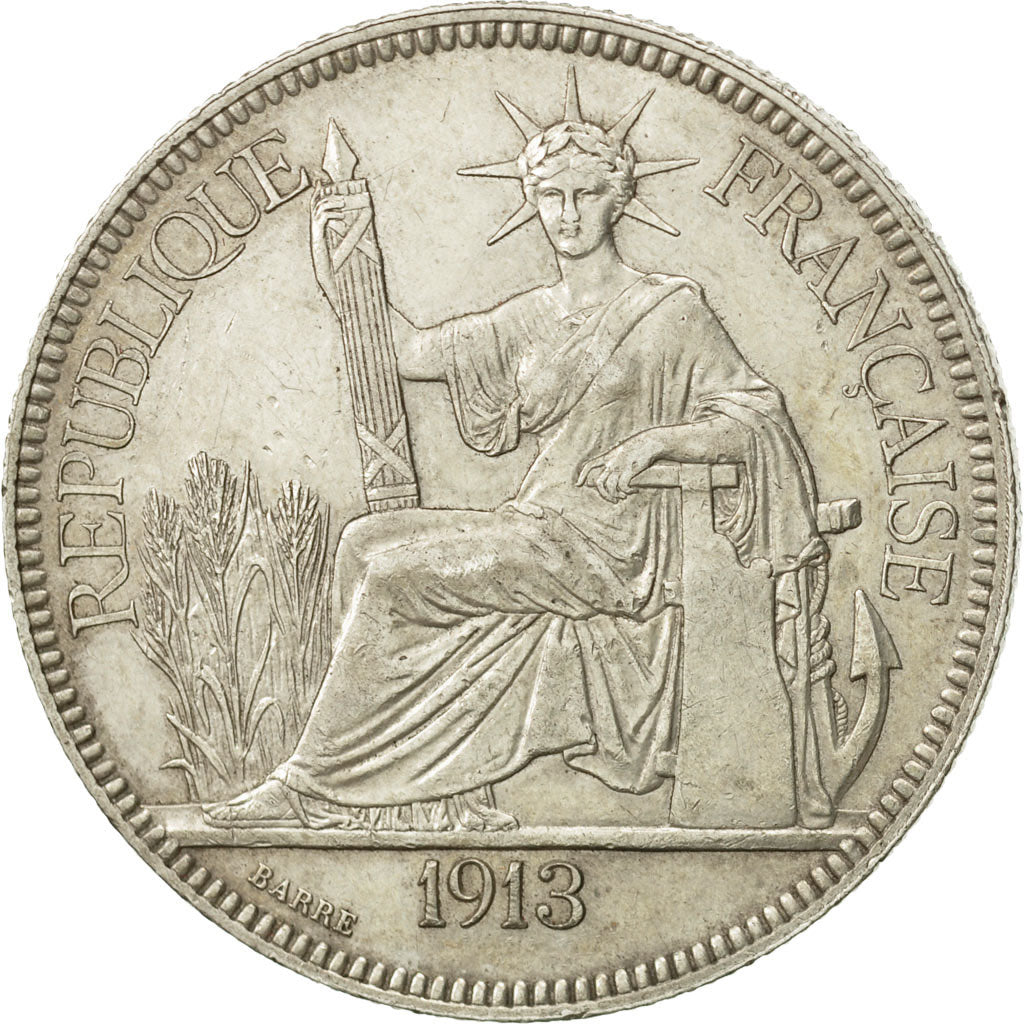FRENCH INDO-CHINA, Piastre, 1913, Paris, SS+, Silber, KM:5a.1