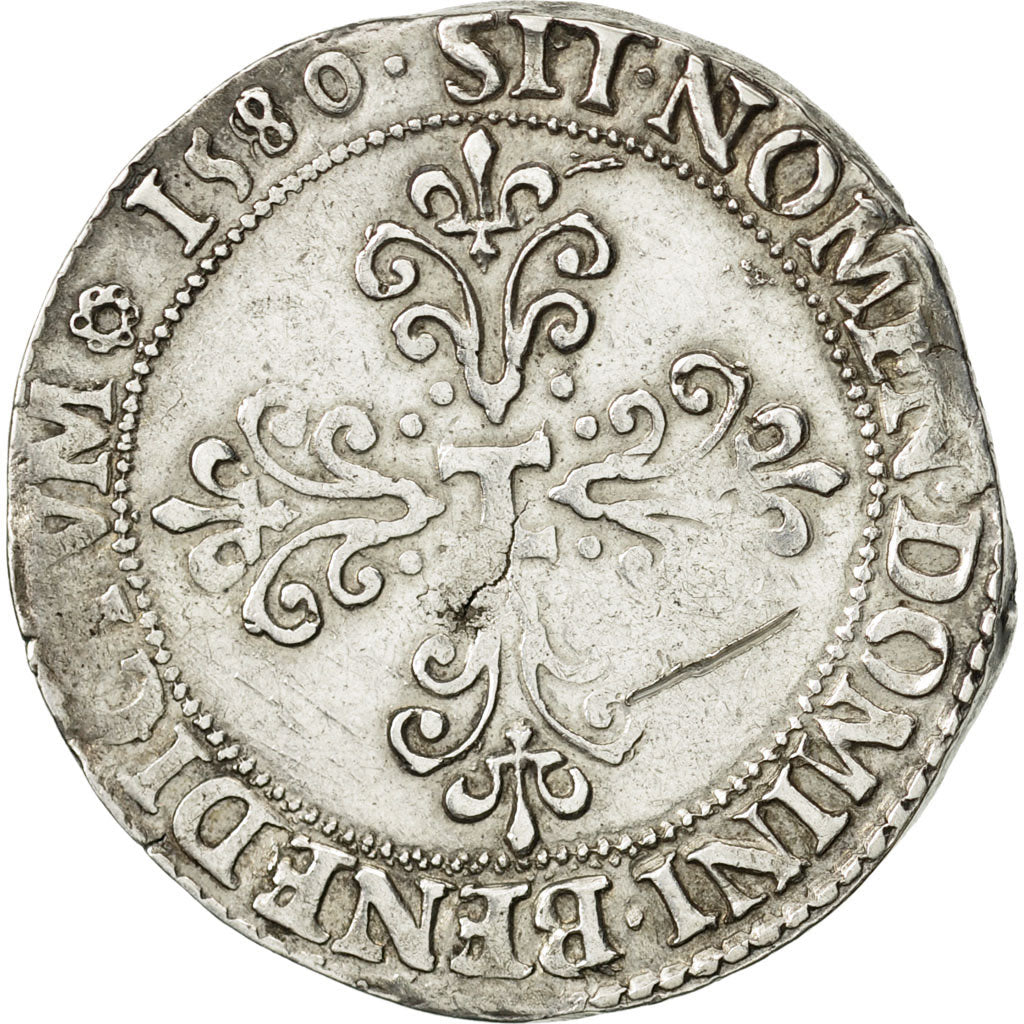Moneta, Francia, Henri III, Franc au Col Plat, 1580, Saint Lô, MB+, Argento