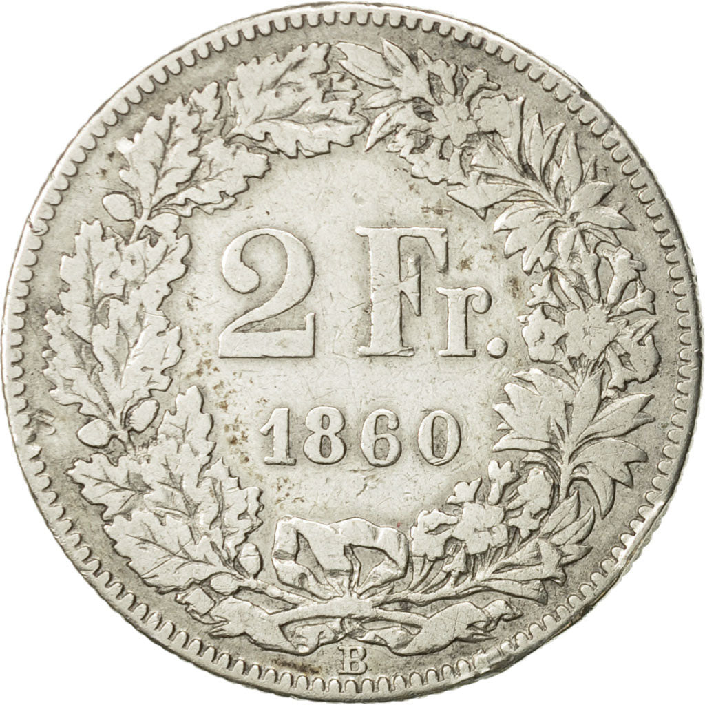 Switzerland, 2 Francs, 1860, Bern, VF(30-35), Silver, KM:10a