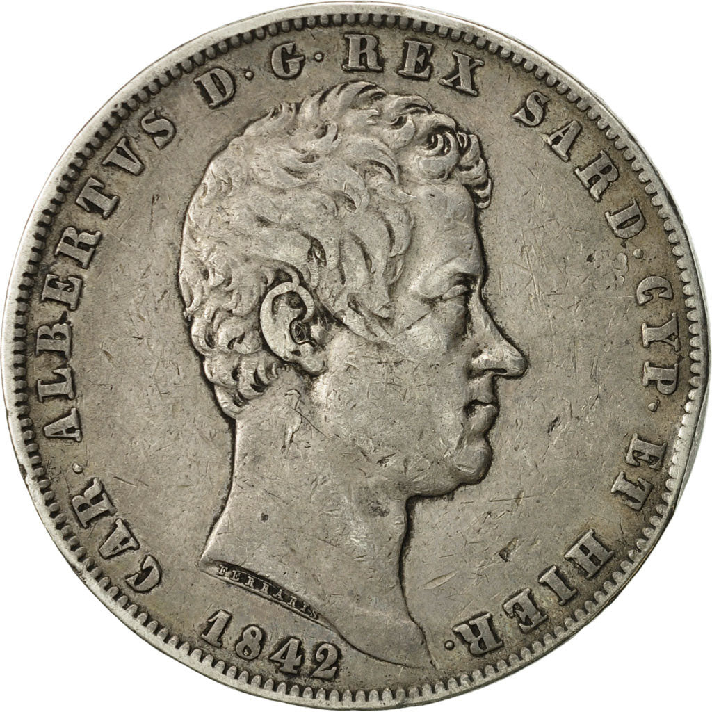 Moneda, Estados italianos, SARDINIA, Carlo Alberto, 5 Lire, 1842, Genoa, BC+