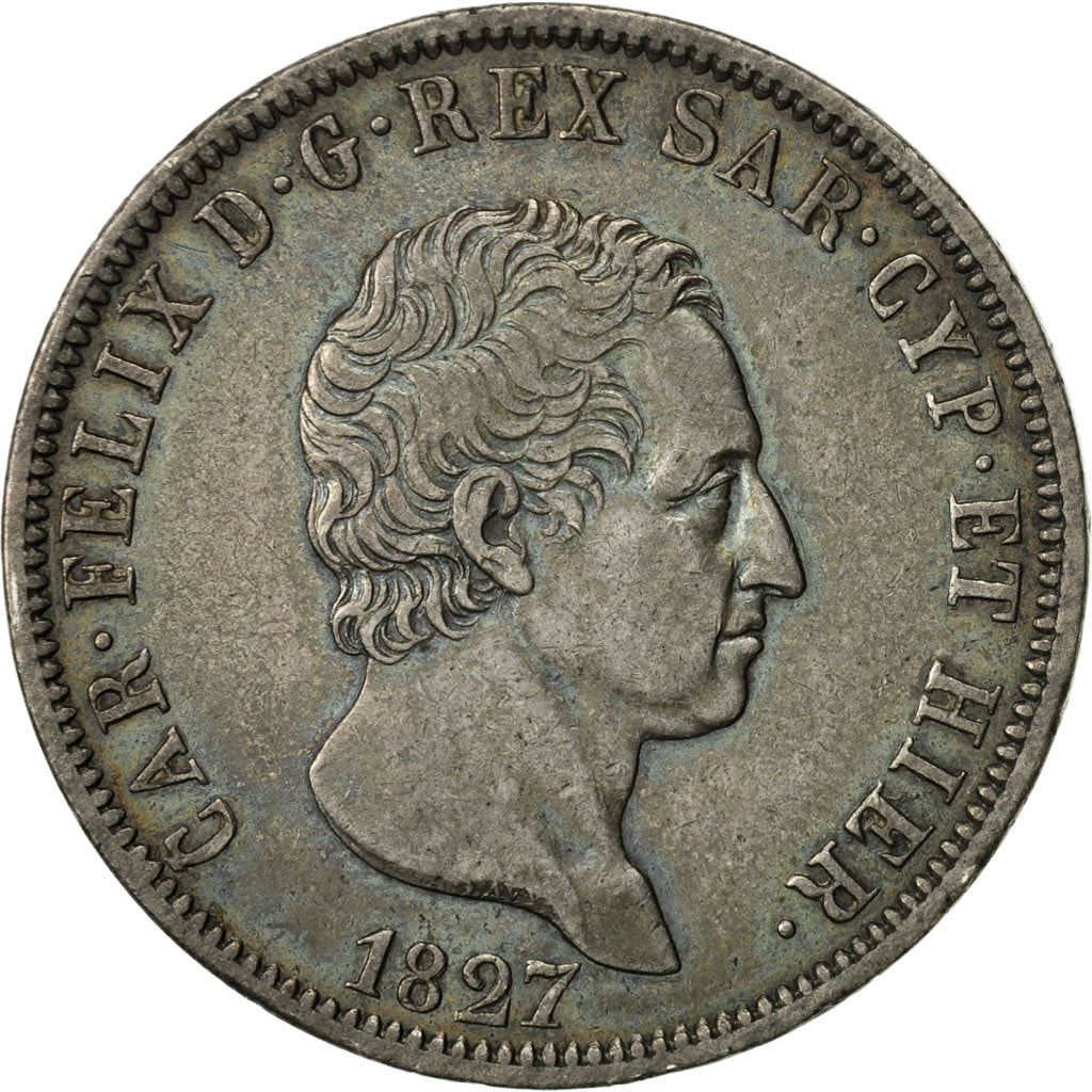 Moneta, STATI ITALIANI, SARDINIA, Carlo Felice, 5 Lire, 1827, Genoa, BB+
