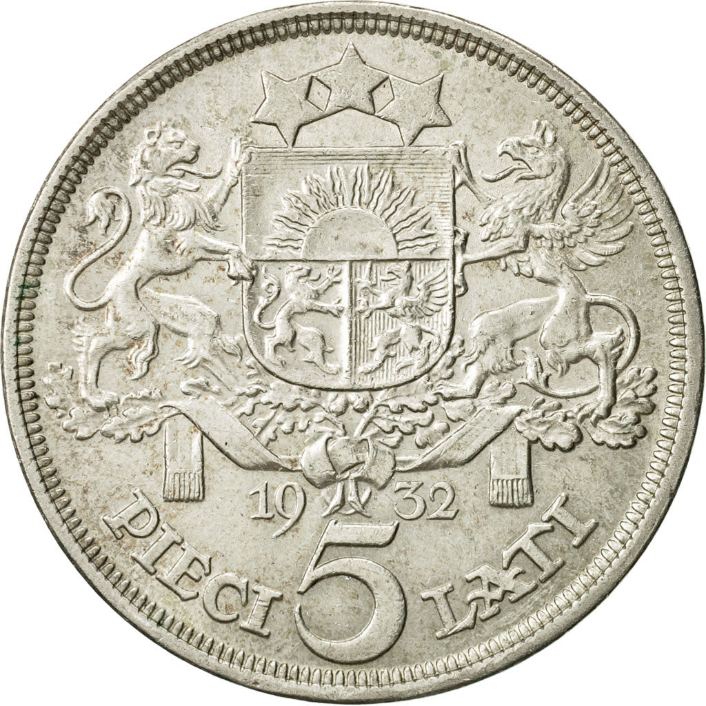 Letonia, 5 Lati, 1932, EBC, Plata, KM:9