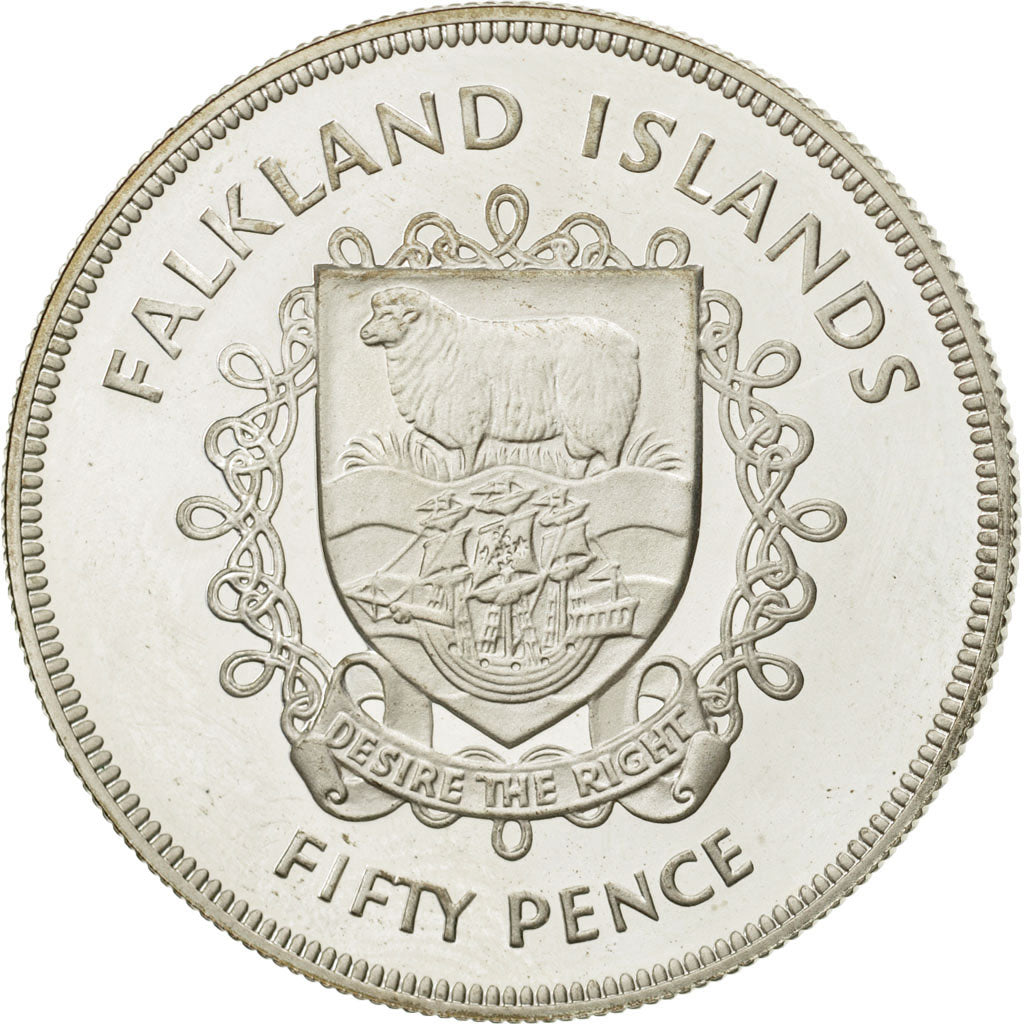 Moneta, Isole Falkland, Elizabeth II, 50 Pence, 1977, SPL, Argento, KM:10a