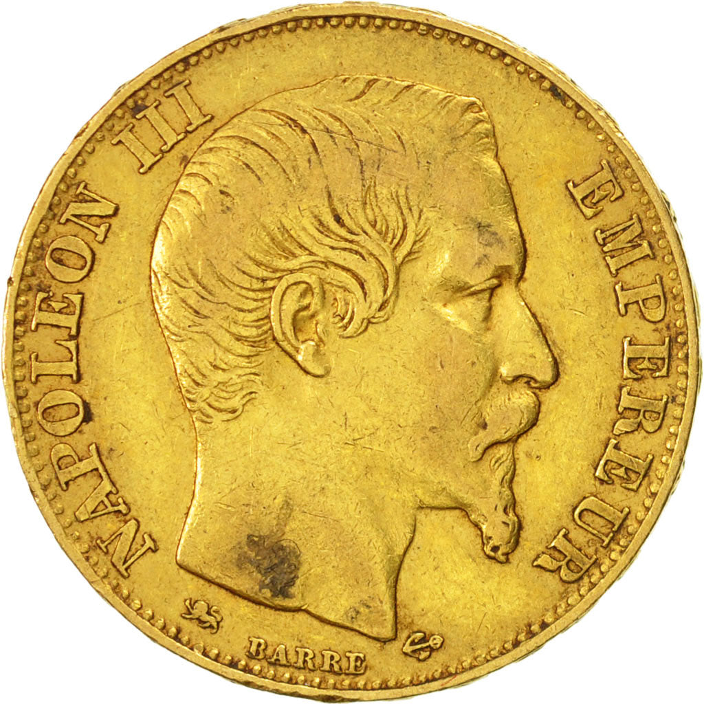 Moneda, Francia, Napoleon III, Napoléon III, 20 Francs, 1855, Lyon, MBC, Oro