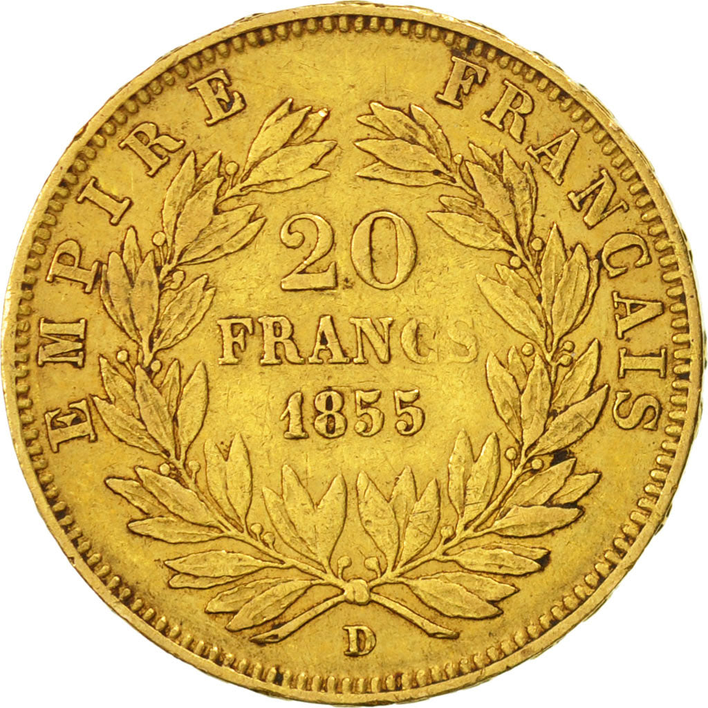 Moneda, Francia, Napoleon III, Napoléon III, 20 Francs, 1855, Lyon, MBC, Oro