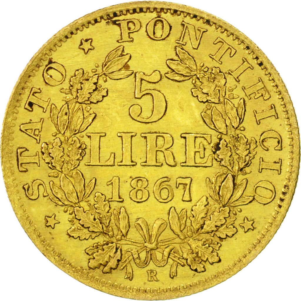 États italiens, PAPAL STATES, Pius IX, 5 Lire, 1867, Roma, TTB, Or, KM:1380