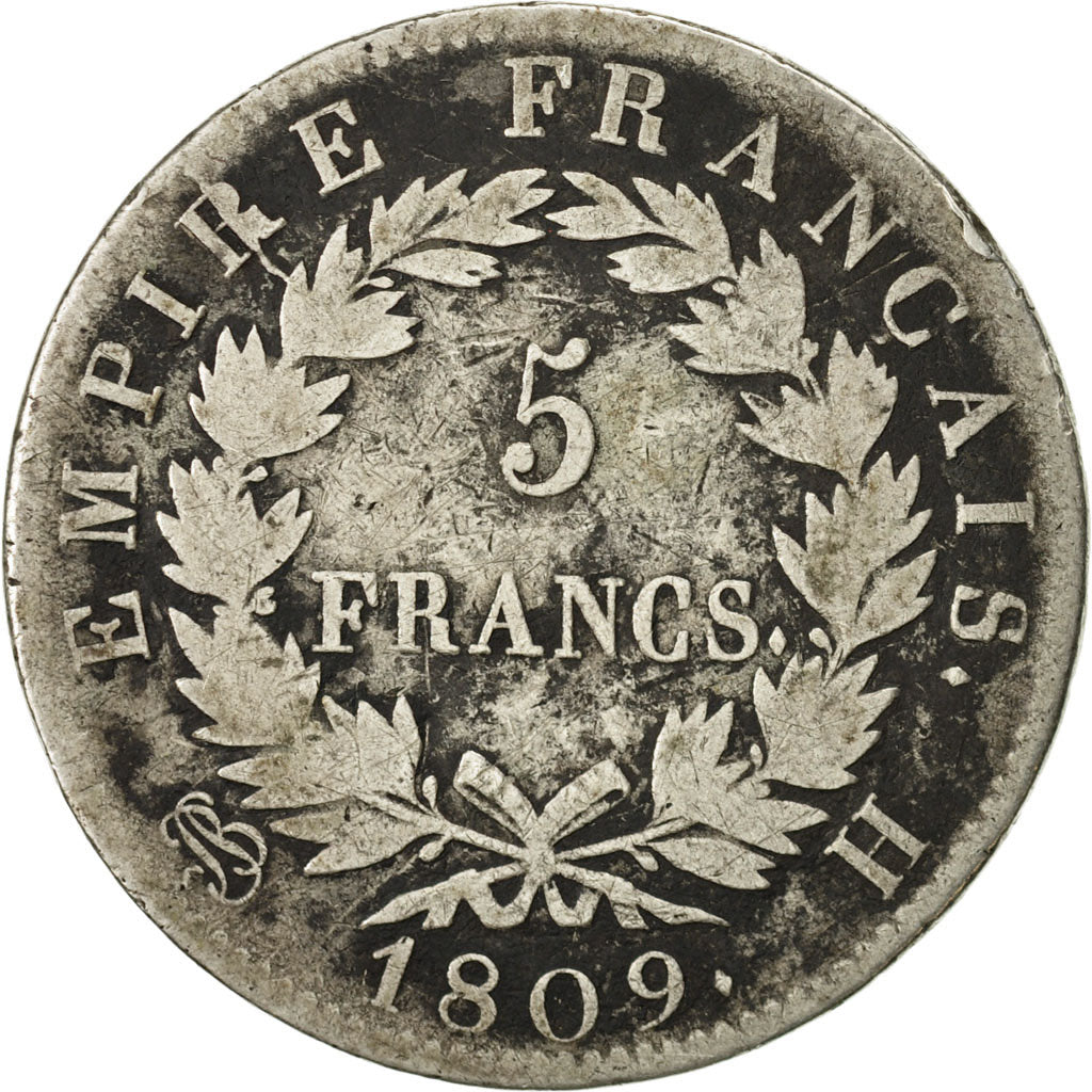 France, Napoléon I, 5 Francs, 1809, La Rochelle, VF(20-25), Silver, KM:694.6