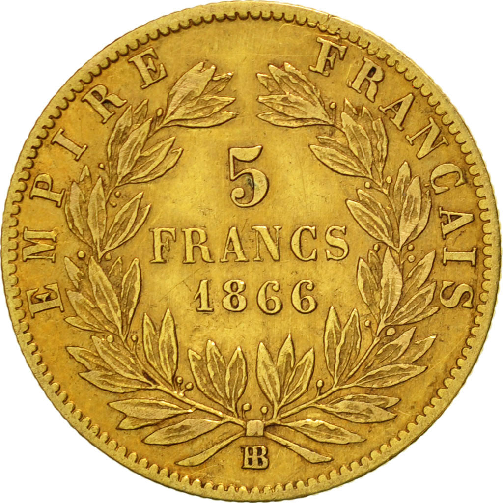 France, Napoleon III, 5 Francs, 1866, Strasbourg, VF(30-35), KM:803.2
