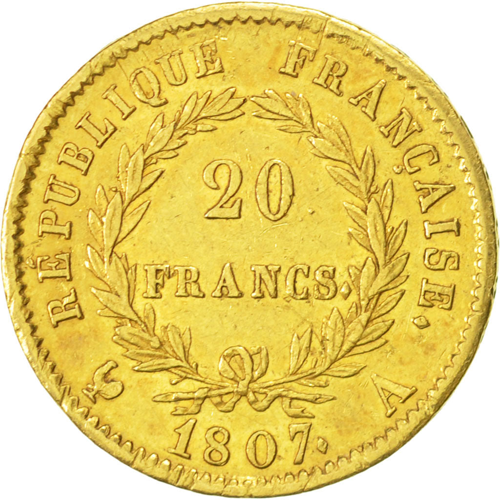 France, Napoléon I, 20 Francs, 1807, Paris, AU(50-53), Gold, KM:687.1