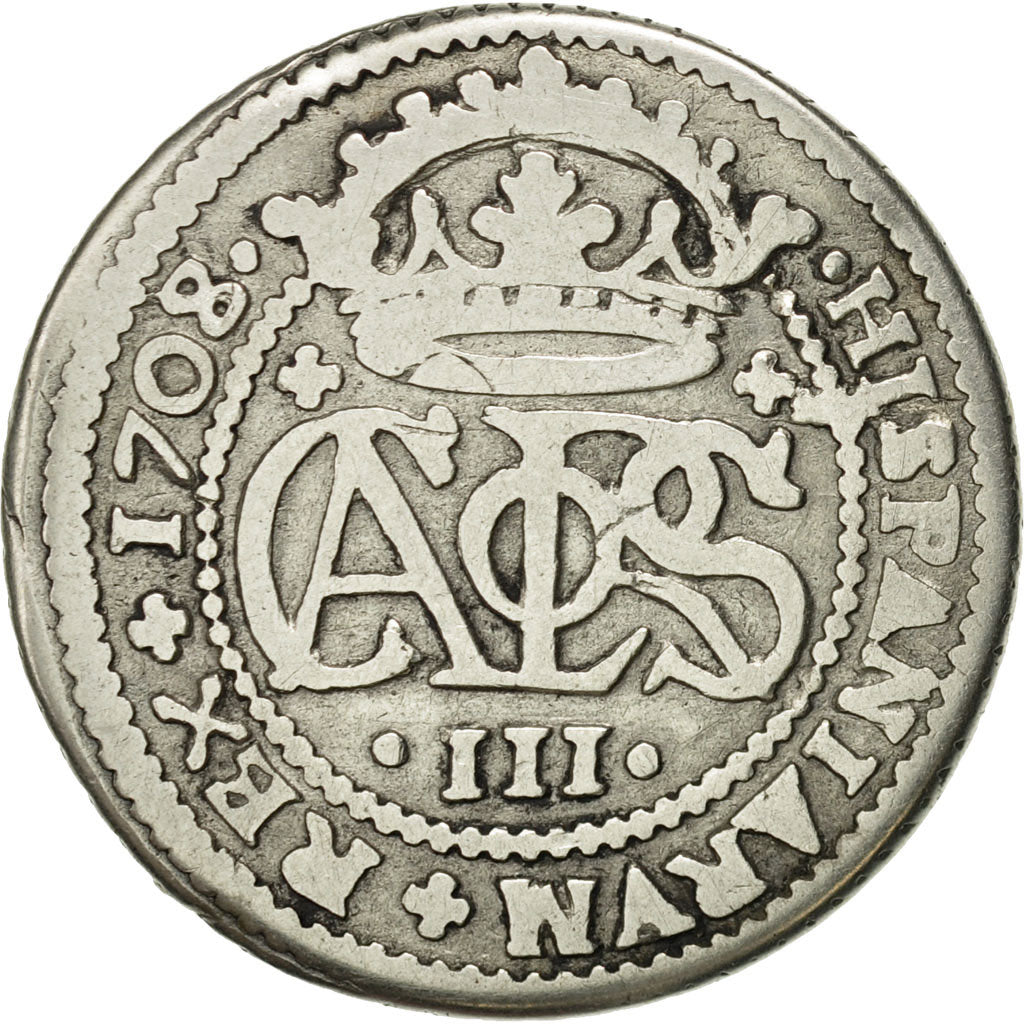 Spain, Charles III, 2 Réales, 1708, Barcelona, VF(30-35), Silver, KM:PT5