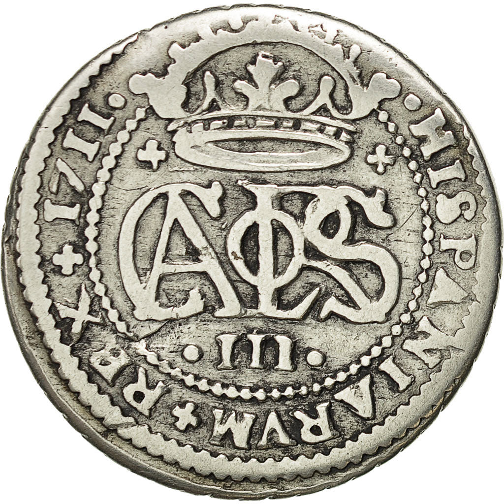 Spain, Charles III, 2 Réales, 1711, Barcelona, EF(40-45), Silver, KM:PT5